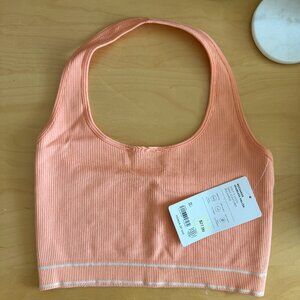 NWT Athleta Recharge Rib Seamless Halter, Size Small, Papaya Orange/ Bone White